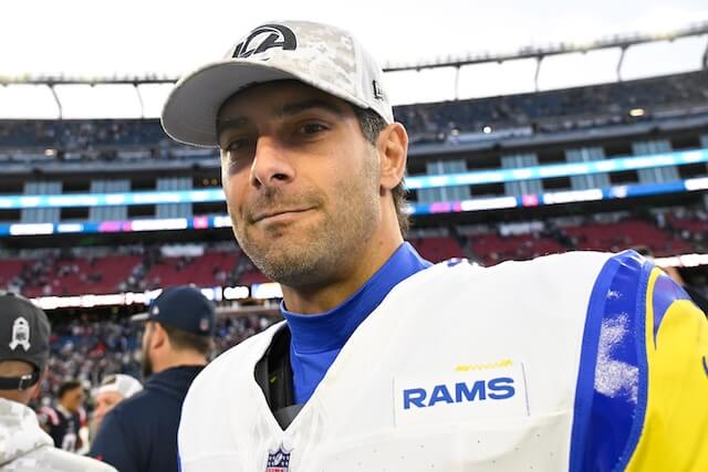 Nov 17, 2024; Foxborough, Massachusetts, USA; Los Angeles Rams quarterback Jimmy Garoppolo (11) leaves the field after a game against the New England Patriots at Gillette Stadium. Mandatory Credit: Eric Canha-Imagn Images Jimmy Garoppolo, Rams
