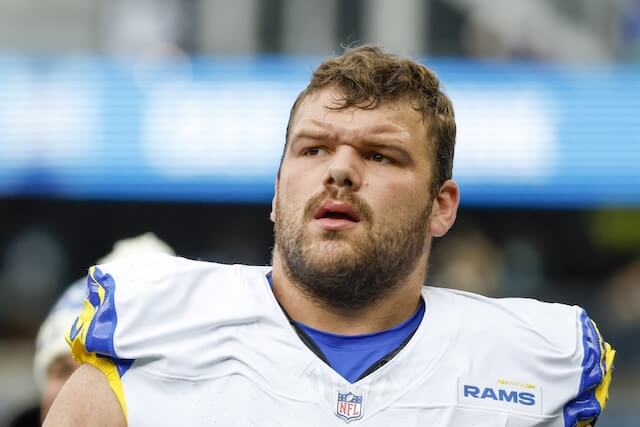 Nov 3, 2024; Seattle, Washington, USA; Los Angeles Rams guard Justin Dedich (67) walks to the locker room following pregame warmups against the Seattle Seahawks at Lumen Field. Mandatory Credit: Joe Nicholson-Imagn Images Justin Dedich