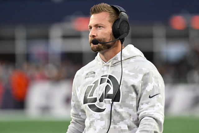 Nov 17, 2024; Foxborough, Massachusetts, USA; Los Angeles Rams head coach Sean McVay watches from the sideline during the second half against the New England Patriots at Gillette Stadium. Mandatory Credit: Eric Canha-Imagn Images Sean McVay, Rams