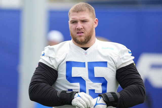 May 28, 2025; Woodland Hills, CA, USA; Los Angeles Rams defensive end Braden Fiske (55) walks out to the practice field during organized team activities at Rams Practice Facility. Mandatory Credit: Kirby Lee-Imagn Images Braden Fiske, Rams