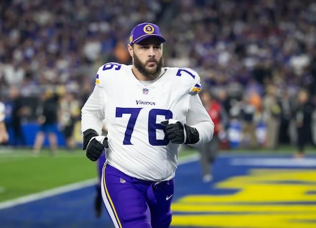 Jan 13, 2025; Glendale, AZ, USA; Minnesota Vikings tackle David Quessenberry (76) against the Los Angeles Rams during an NFC wild card game at State Farm Stadium. Mandatory Credit: Mark J. Rebilas-Imagn Images David Quessenberry, Vikings, Rams