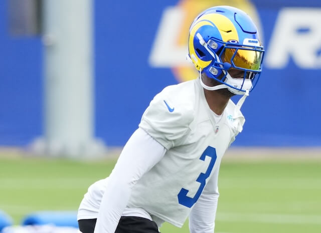 May 28, 2025; Woodland Hills, CA, USA; Los Angeles Rams safety Kam Curl (3) participates in defensive drills during organized team activities at Rams Practice Facility. Mandatory Credit: Kirby Lee-Imagn Images Kam Curl, Rams