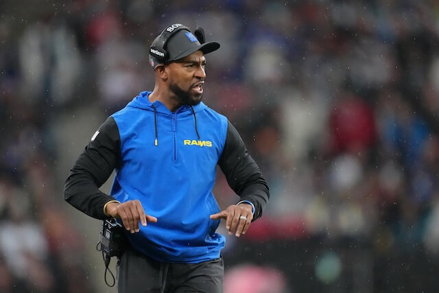 Oct 19, 2025; London, United Kingdom; Los Angeles Rams pass game coordinator Aubrey Pleasant reacts after a play against the Jacksonville Jaguars during the first half of an NFL International Series game at Wembley Stadium. Mandatory Credit: Kirby Lee-Imagn Images Aubrey Pleasant, Rams