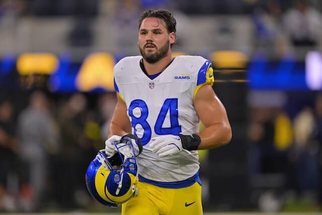 Nov 23, 2025; Inglewood, California, USA; Los Angeles Rams tight end Colby Parkinson (84) warms up before the game against the Tampa Bay Buccaneers at SoFi Stadium. Mandatory Credit: Jayne Kamin-Oncea-Imagn Images Colby Parkinson, Rams