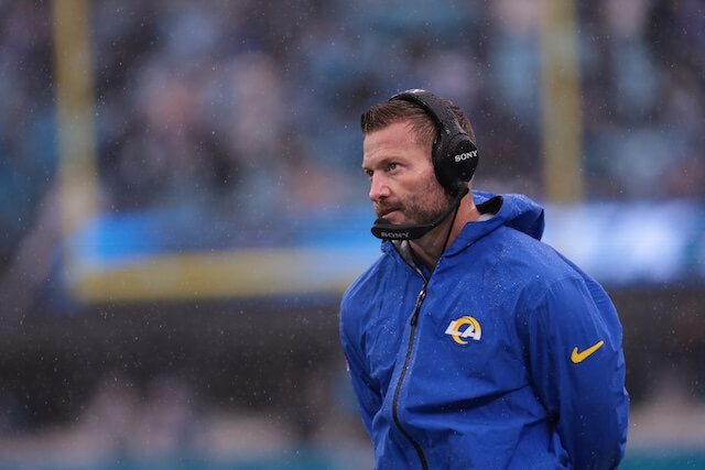 Nov 30, 2025; Charlotte, North Carolina, USA; Los Angeles Rams head coach Sean McVay looks on during the third quarter against the Carolina Panthers at Bank of America Stadium. Mandatory Credit: Scott Kinser-Imagn Images Sean McVay, Rams