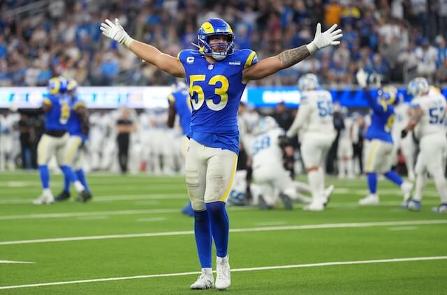 Dec 14, 2025; Inglewood, California, USA; Los Angeles Rams linebacker Nate Landman (53) celebrates after a play during the fourth quarter against the Detroit Lions at SoFi Stadium. Mandatory Credit: Kirby Lee-Imagn Images Nate Landman