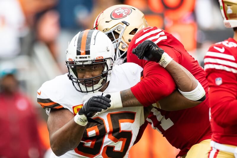 Oct 15, 2023; Cleveland, Ohio, USA; Cleveland Browns defensive end Myles Garrett (95) is blocked by San Francisco 49ers offensive tackle Trent Williams (71) during the third quarter at Cleveland Browns Stadium. Mandatory Credit: Scott Galvin-USA TODAY Sports Myles Garrett, Trent Williams