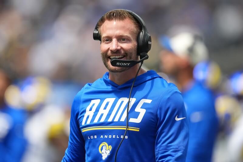 Aug 22, 2026; Inglewood, California, USA; Los Angeles Rams head coach Sean McVay reacts against the New Orleans Saints in the first half at SoFi Stadium. Mandatory Credit: Kirby Lee-Imagn Images