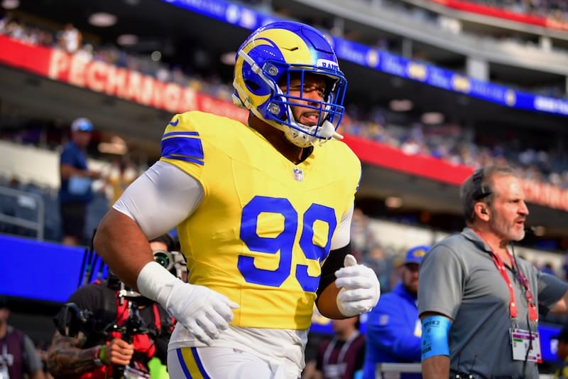 Sep 21, 2026; Inglewood, California, USA; Los Angeles Rams defensive tackle Aaron Donald (99) before a game aNew York Giants at SoFi Stadium. Mandatory Credit: Gary A. Vasquez-Imagn Images Aaron Donald